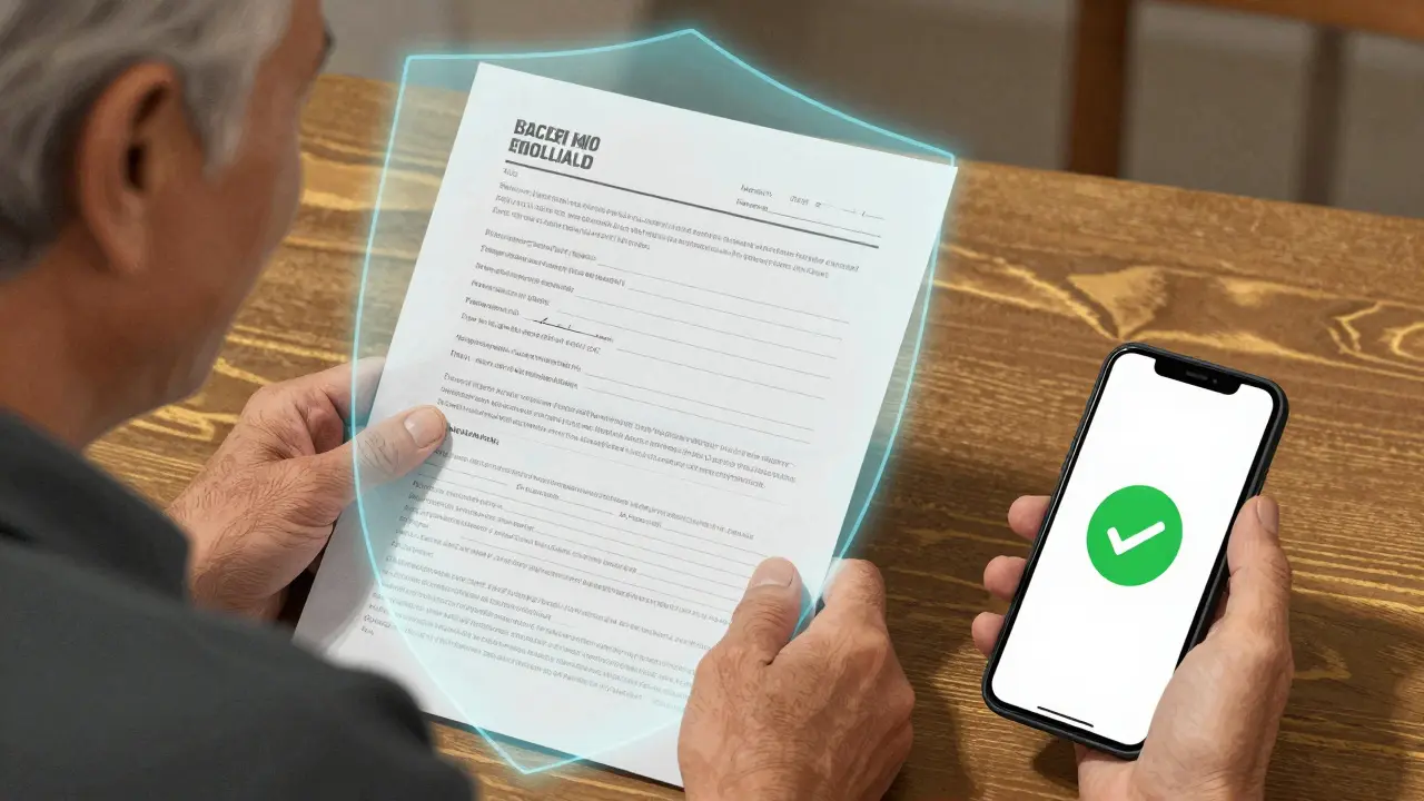 Starší klient přečítá papírový úkol s vodotiskem, zatímco šifrovací štít ho chrání před digitálními riziky.