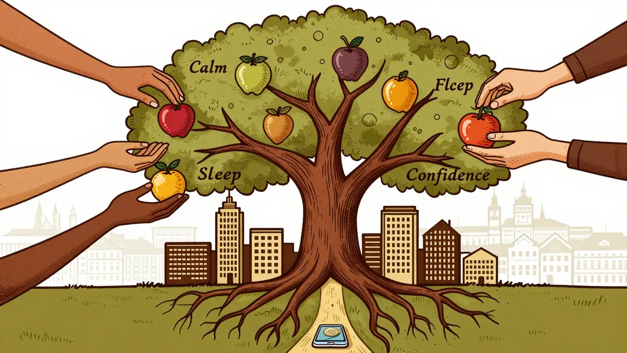 Strom s plody duševního zdraví roste z kancelářských budov, symbolizující přístupnost psychoterapie všem zaměstnancům v Česku.