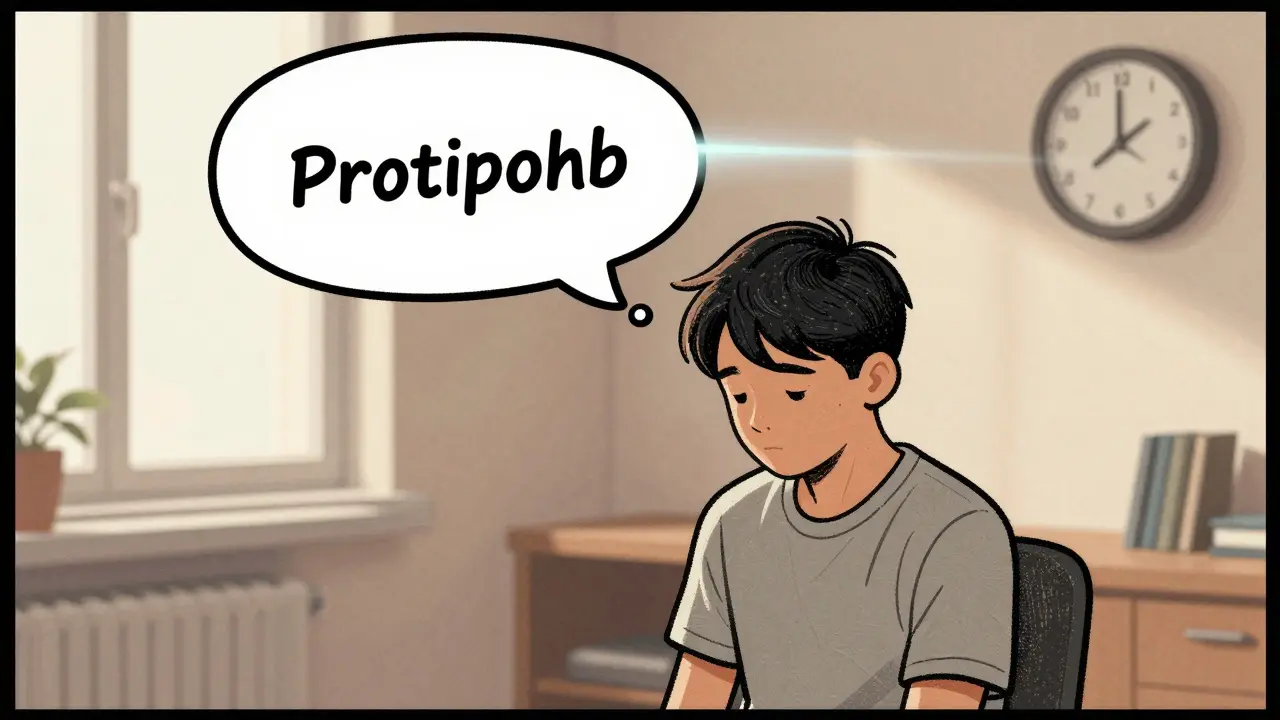 Teenager provádí protipohyb hlavy doleva, zatímco v myšlenkové bublině je tik zastaven, terapeut ho pozoruje.