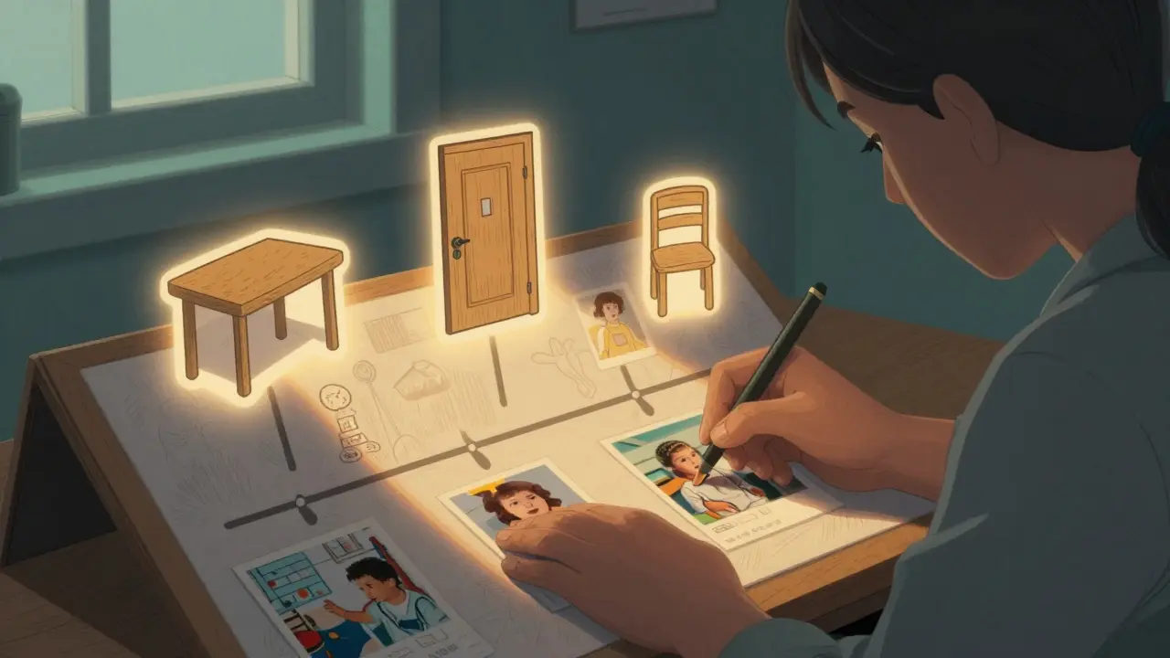 Terapeut a dítě společně vytvářejí vizuální příběh s fotografiami nové třídy a piktogramy.