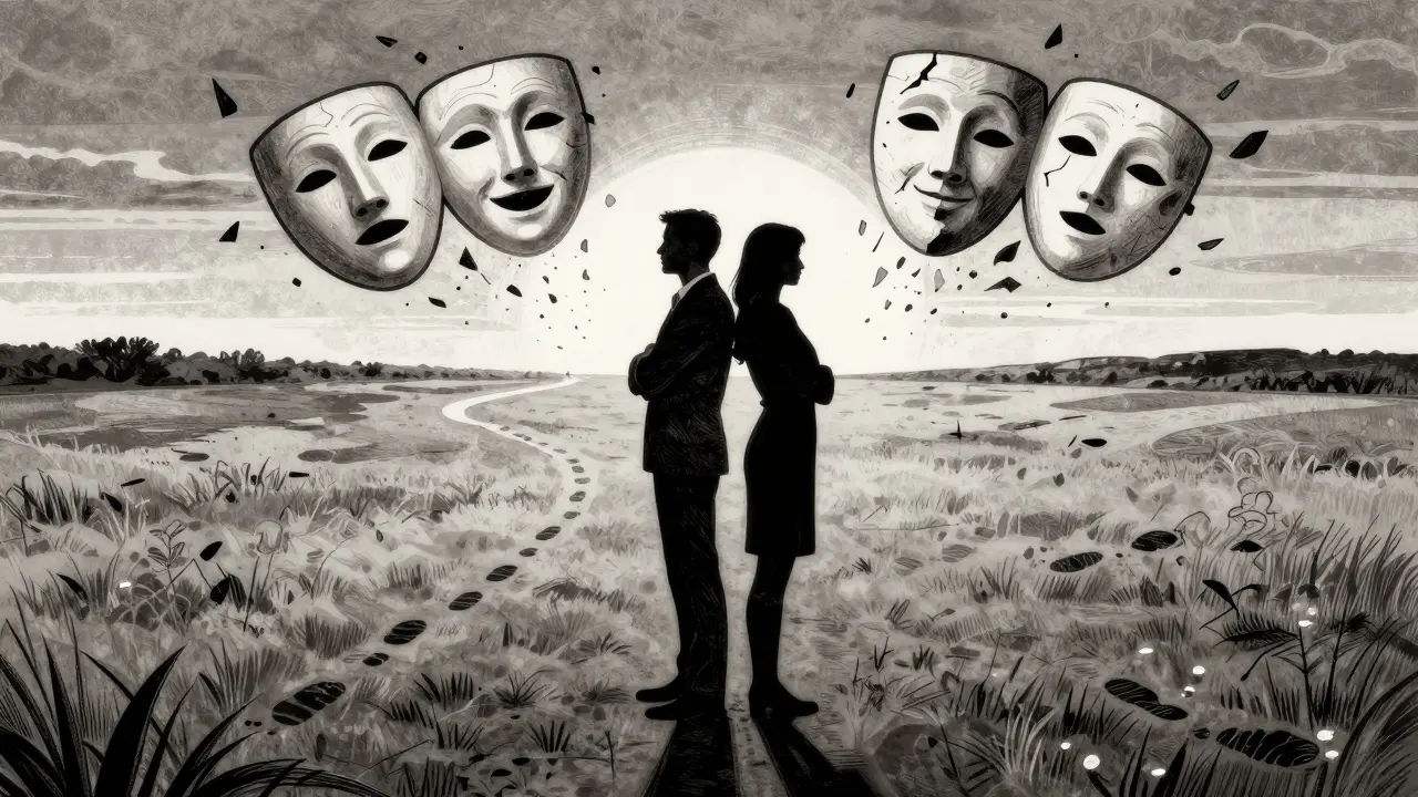 Terapeut a klient stojí zády k sobě, jejich stíny se slučují, kolem nich se křečí masky společnosti.