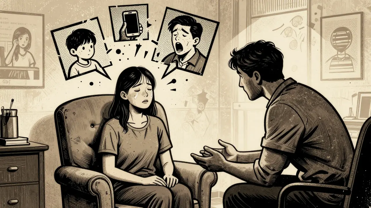 Terapeut a klient ve vyrovnané terapeutické alianci, nad nimi se přeměňují staré vzpomínky v nový pocit sebevědomí, v klasickém dřevorytovém stylu.