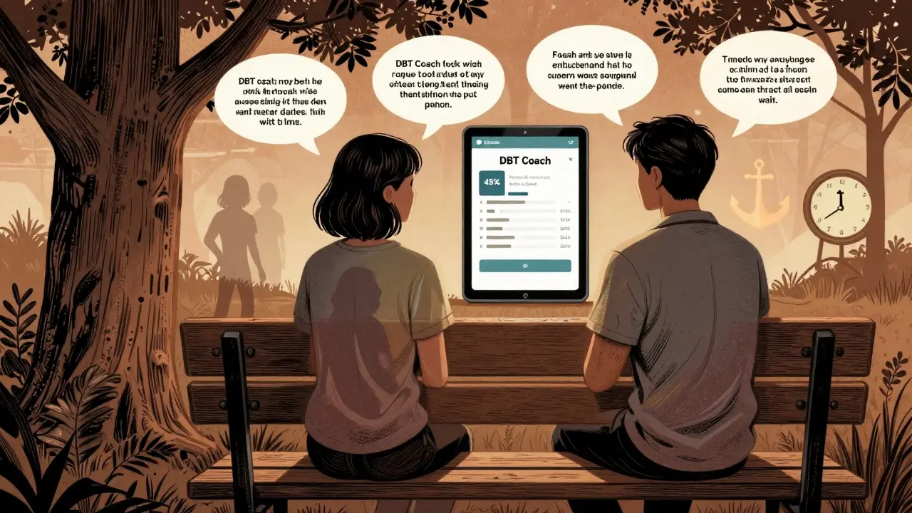 Terapeut a pacient sedí vedle sebe, za nimi digitální aplikace a hodiny ukazující zkrácenou čekací dobu.