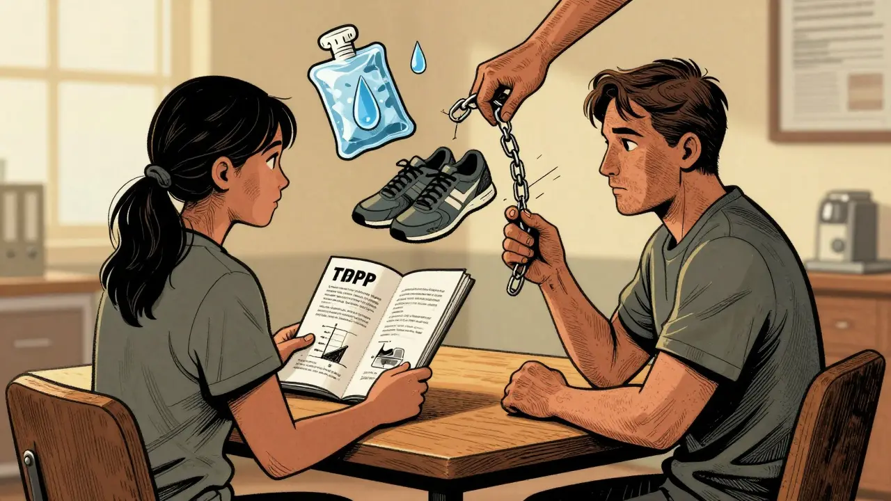 Terapeut a pacient spolu hovoří, kolem nich se vznášejí vizuální symboly technik DBT jako chladící obklad a běžící boty.