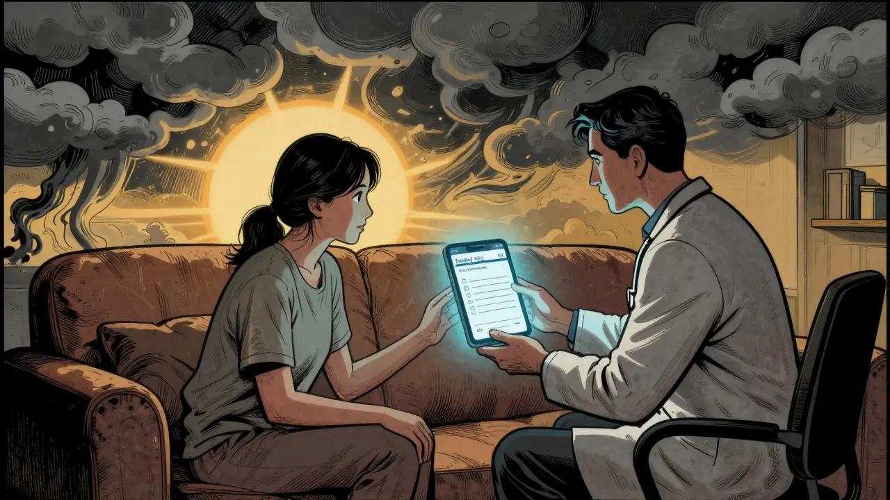 Terapeut a pacient spolu na gauči, zářící aplikace Safety Plan mezi nimi.