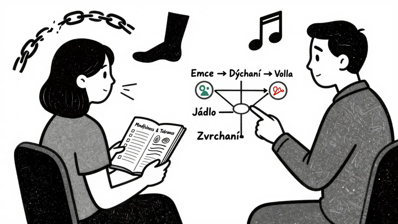 Terapeut ukazuje ženě schéma, jak řídit emoce místo přejídání – v pozadí symboly dýchání, chůze a hudby.