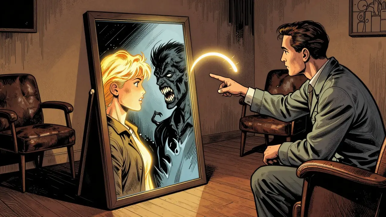 V terapeutické místnosti se v zrcadle odrazují dvě protichodné vnitřní osobnosti pacienta, terapeut ukazuje na zrcadlo jako na klíč k poznání.