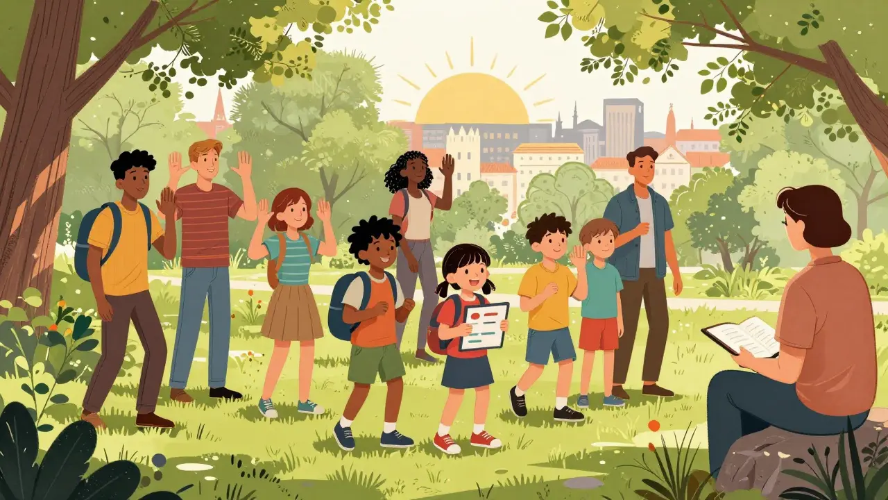 Autisté v parku stimmulují volně, někteří používají komunikační desky, terapeut pozoruje z vzdálenosti.