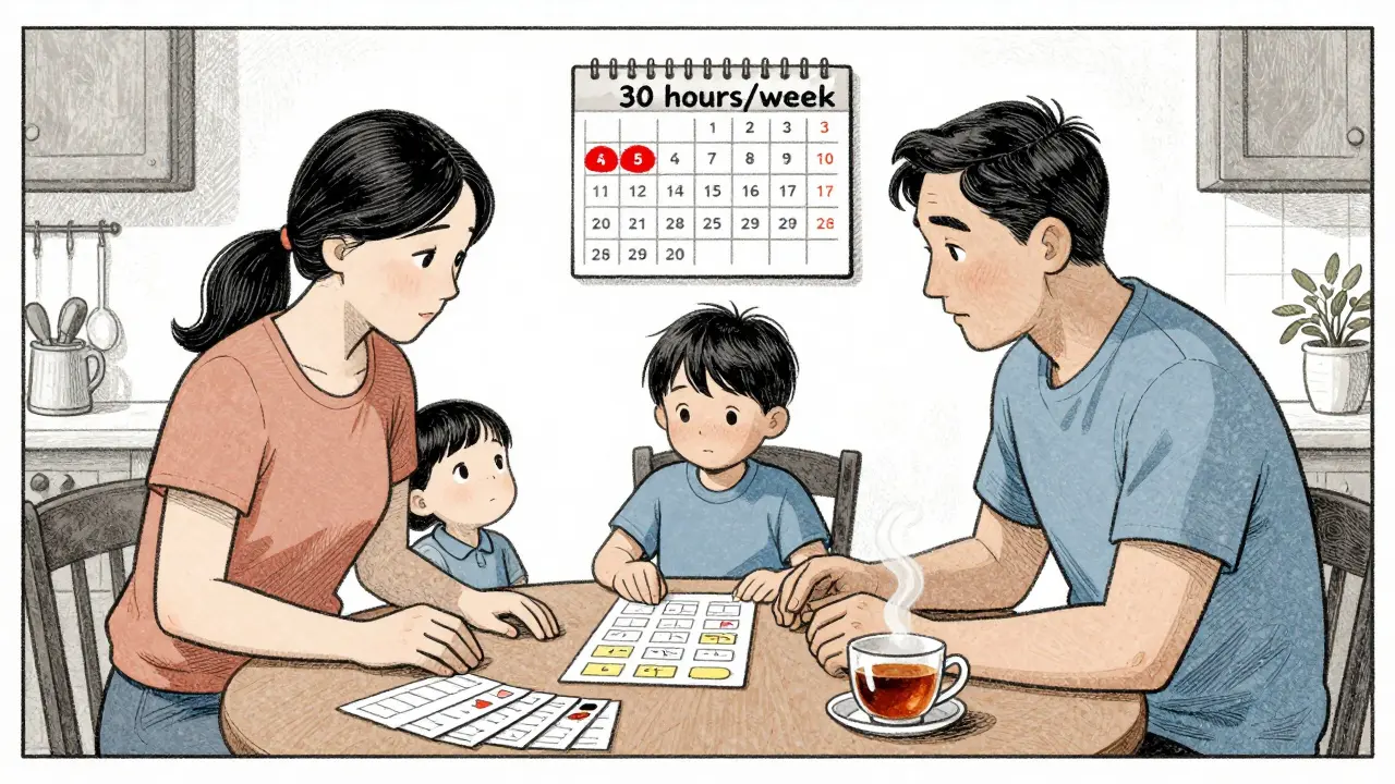 Česká rodina praktikuje ABA doma, rodiče učí dítě oblékání pomocí vizuálních plánů.