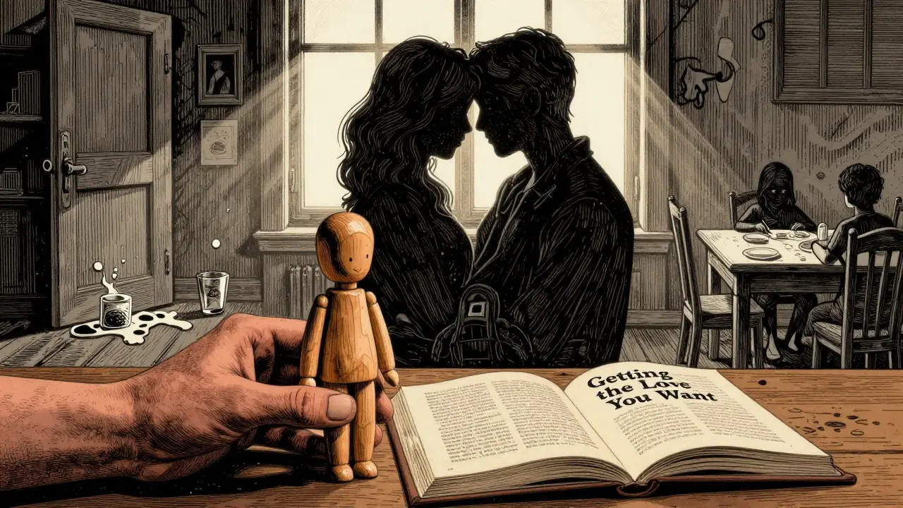 Dřevěná panenka na stole vedle knihy, za ní se dva stíny sloučí do jednoho obrazu lásky.