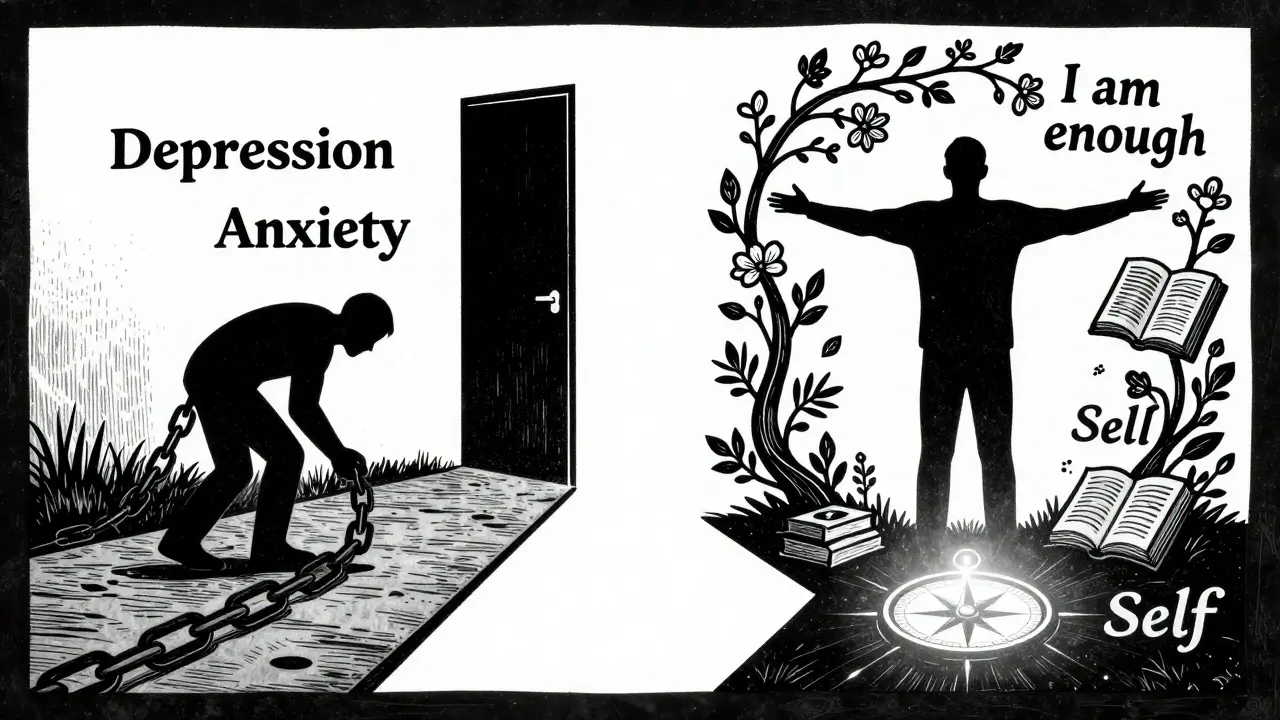 Dvě cesty z jedné dveří: jedna pod tíhou poruch, druhá s kvetoucími větvemi a přijetím sebe sama.