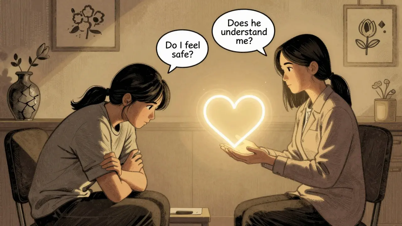 Klient a terapeut v místnosti, mezi nimi světlo symbolizující důvěru a pochopení.