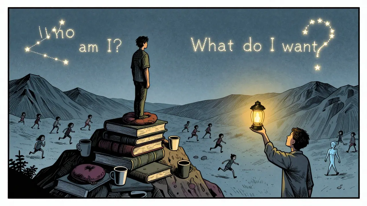 Osoba na hoře z knih a polštářů dívá dolů na své minulé verze, terapeut ji vede světlem.