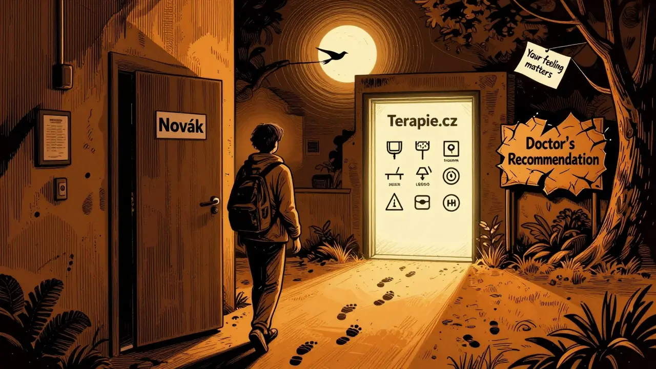 Osoba opouští doporučeného terapeuta a směřuje k online databázi s filtry podle potřeb.