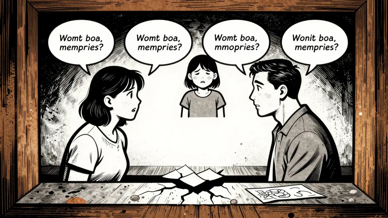 Pár komunikuje, zatímco jejich slova odrážejí dětské vzpomínky v podobě grafických bublin.