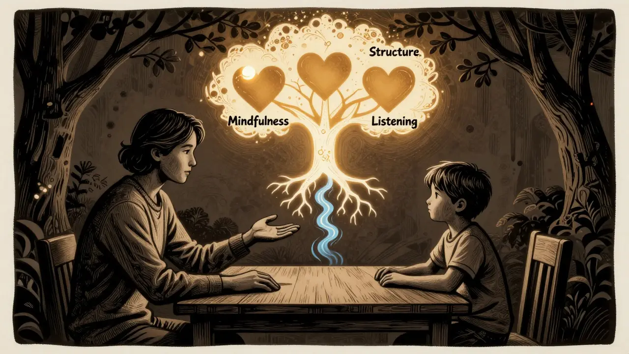 Rodina v terapii: rodič a dítě spojeni stromem s kořeny mindfulness, struktury a naslouchání.