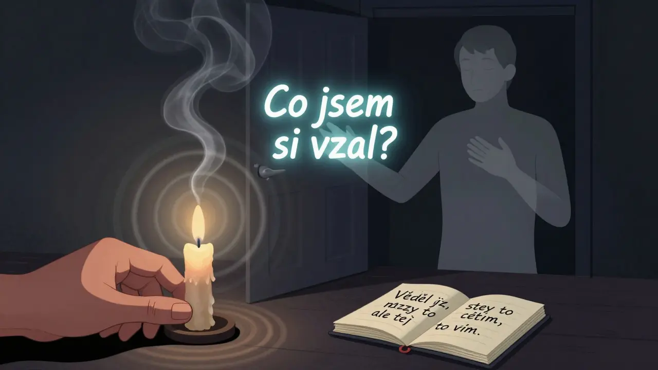 Ruka zhasíná svíčku, kouř tvaruje dveře, za nimi člověk se zápisem 'Co jsem si vzal?' a otevřený sešit s větou na stole.
