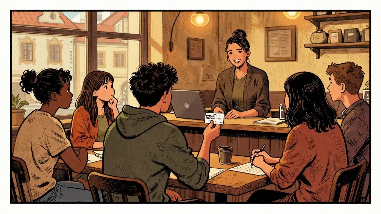 Skupina studentů v kavárně předává terapeutovi studentský průkaz, zatímco ostatní je podporují.