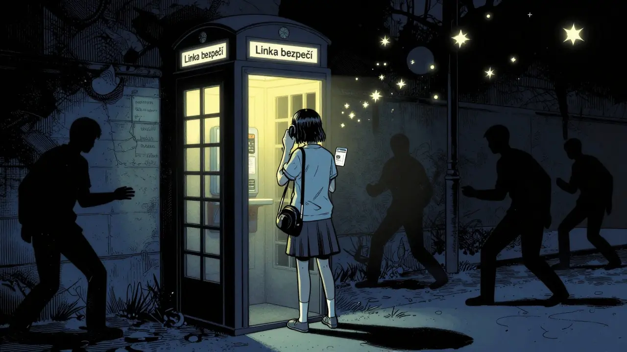 Student stojí u telefonních boxů Linka bezpečí v noci, zatímco temné stíny vypouštějí světlo.