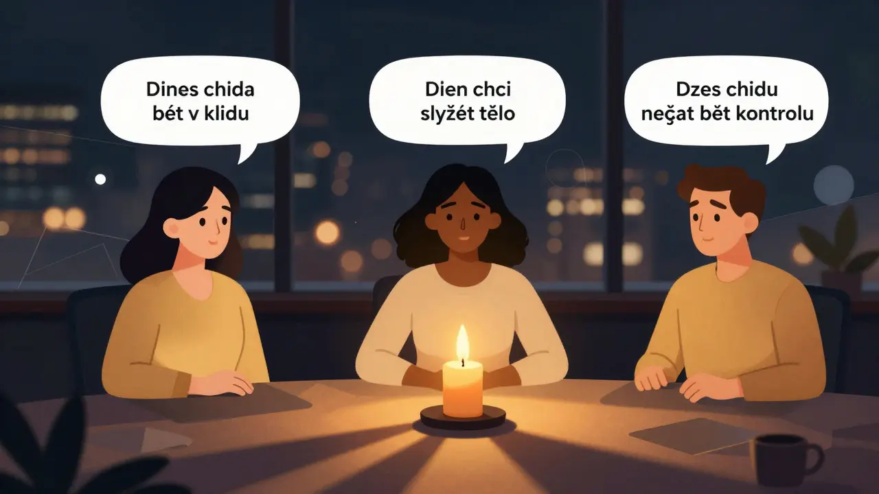 Tři lidé ve virtuálním sezení s jednoduchými větami ve vzduchu, svíčka v centru, digitální rozhraní se mění v abstraktní tvary.