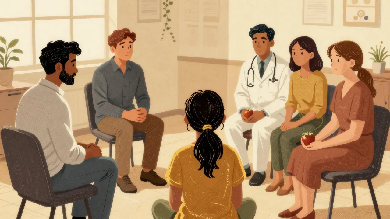 Tým specialistů sedí kolem pacientky, která drží jablko, v teplém prostředí terapie.