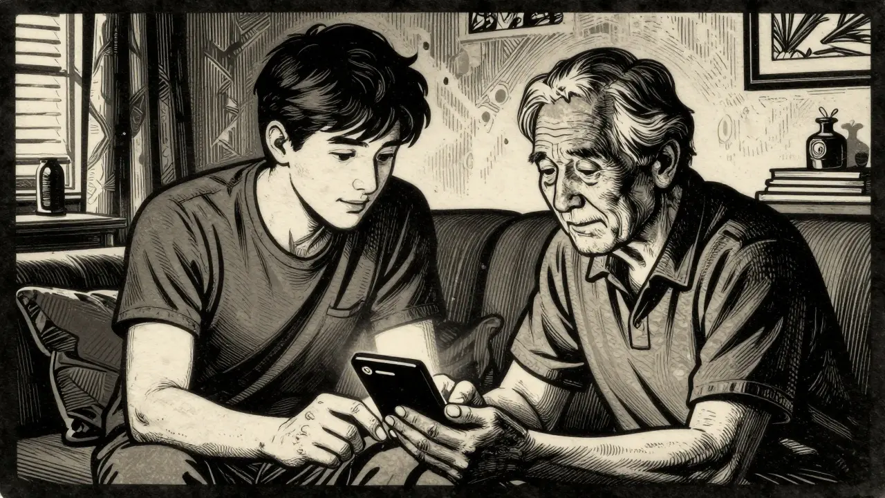 Younger helper guiding senior with technology setup at home