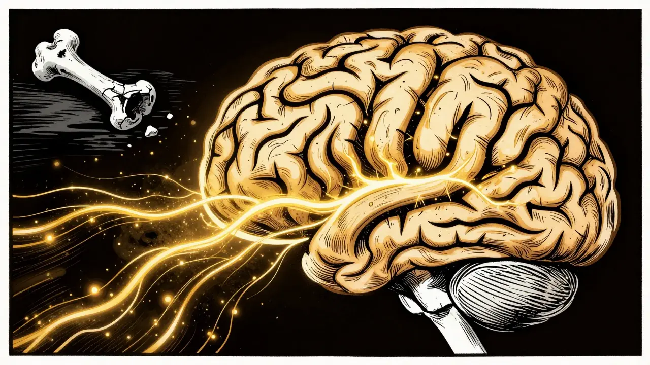 Abstraktní zobrazení mozku a chemických reakcí naděje v stylu dřevorytu.