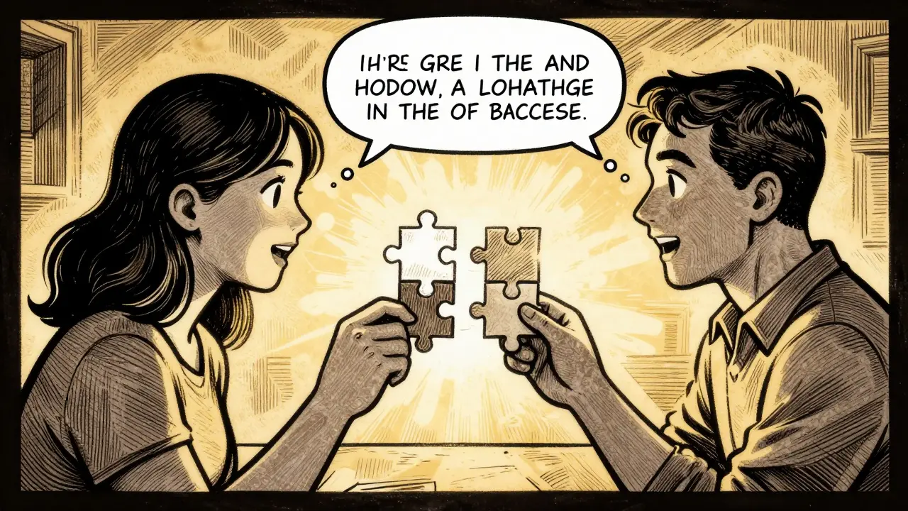 Dvě osoby v rozhovoru s aneb vizualizací pochopení彼此 v komiksovém stylu.