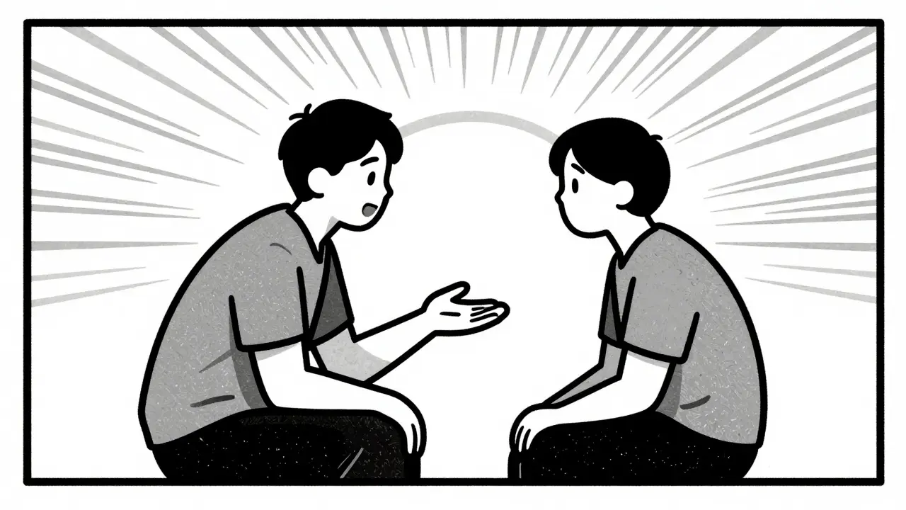 Empatický rozhovor dvou lidí symbolizující podporu a cestu k odborné pomoci.