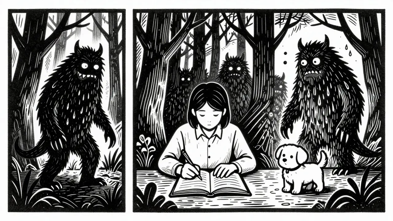 Ilustrace procesu změny děsivého monstra v malého štěně v deníku.