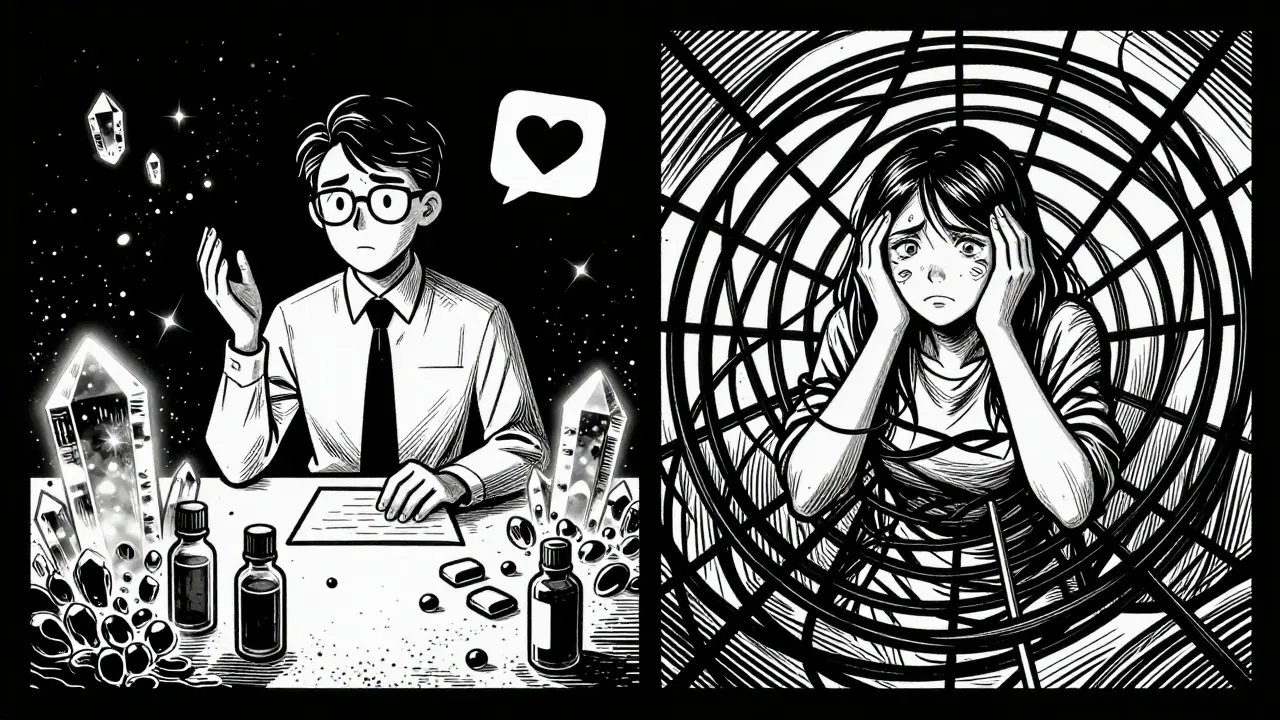 Ilustrace v komiksovém stylu řezu znázornující manipulaci terapeuta pomocí krystalů a olejů.