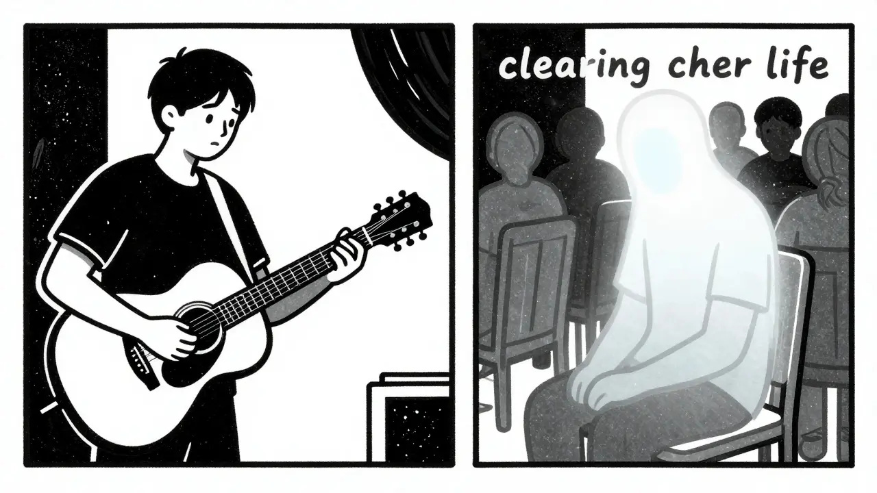 Ilustrace znázornující izolaci a rozdávání osobních věcí jako varovné signály.