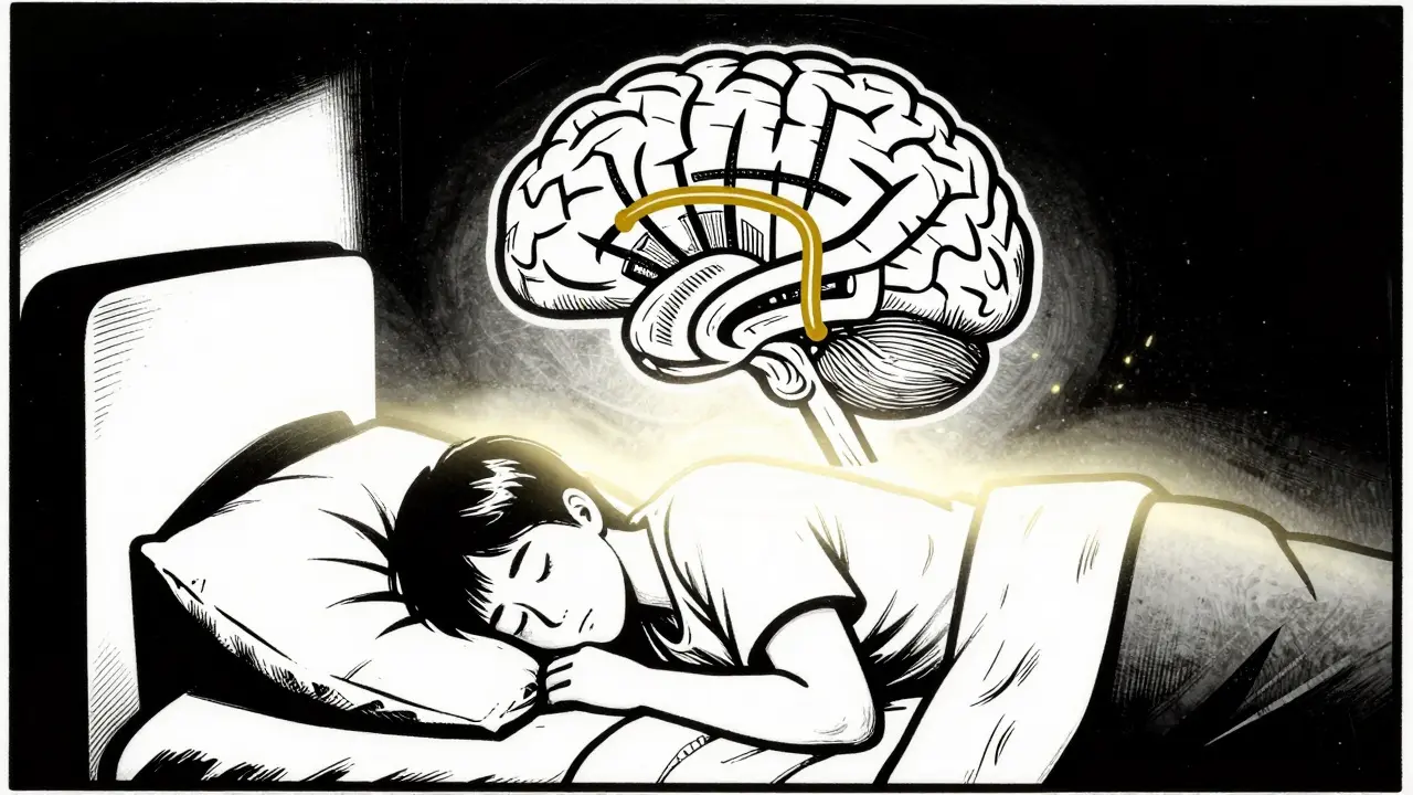 Klidně spící osoba s vizualizací obnovy mozku v grafice rytiny.