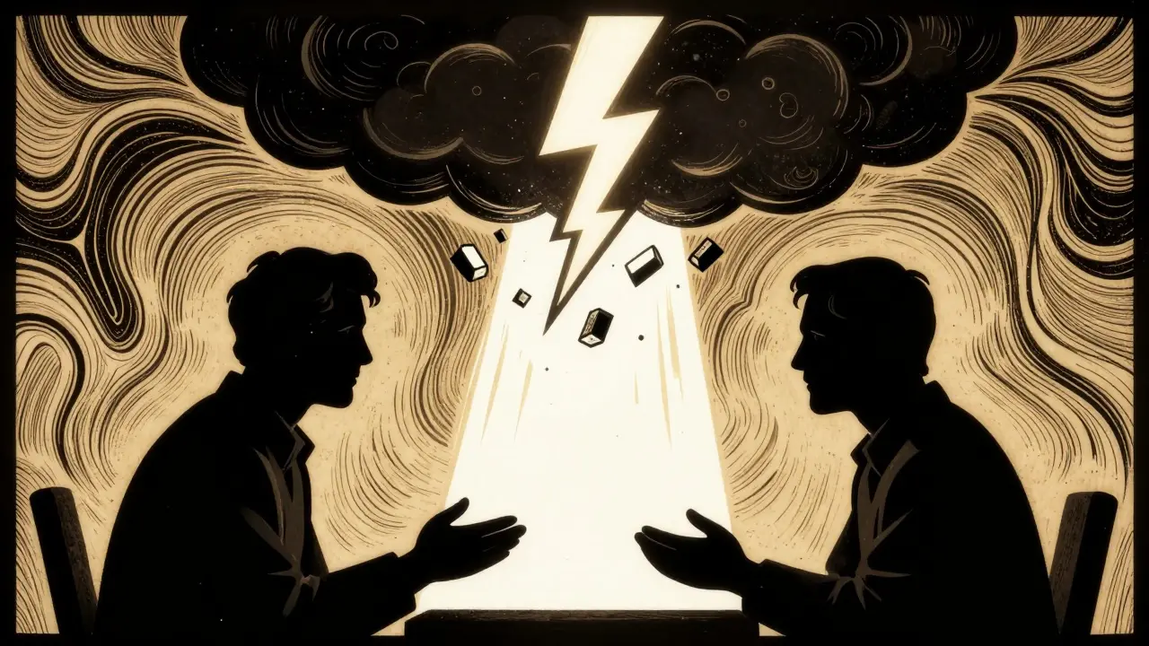 Kniha symbolů znázorňující rozpad temného přesvědčení pomocí světla.