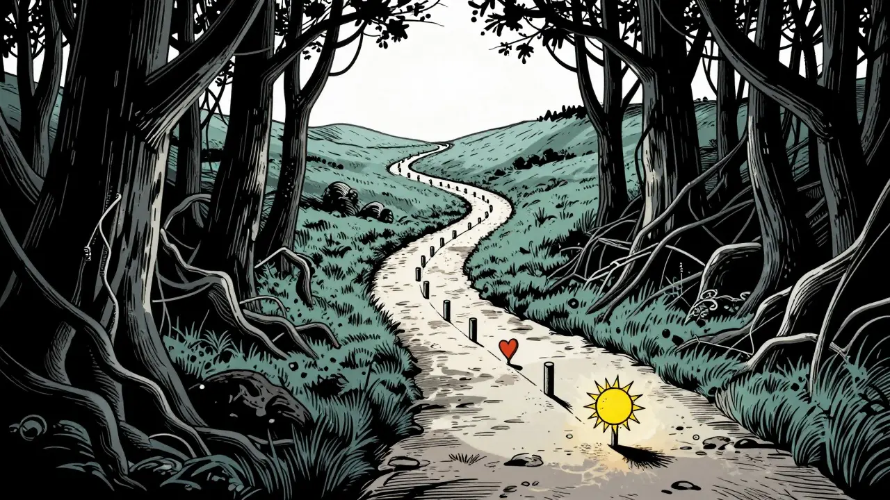 Konceptuální dřerazový komiks znázornující cestu člověka od závislosti k osobní změně a naději.