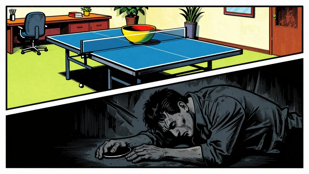 Kontrast mezi povrchními benefity a skutečným vyhořením v stylu dřevorytného komiksu.