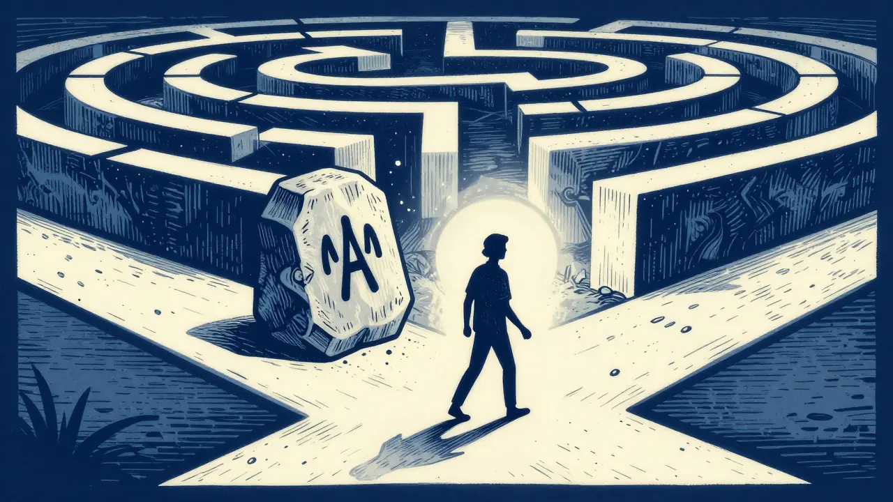 Kresba osoby překonávající překážku v labyrintu, symbolizující malé kroky k psychické změně.