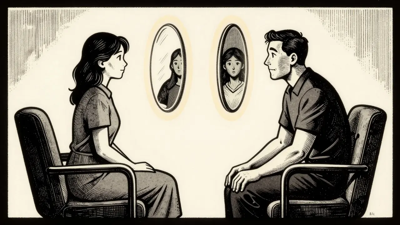 Kresba ve stylu dřerazového komiksu zobrazující empatický rozhovor mezi terapeutem a klientem.