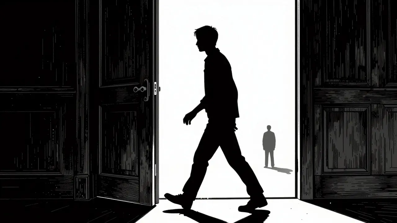 Kresba ve stylu dřevorytu znázornující člověka, který s úlevou odchází z ordinace.