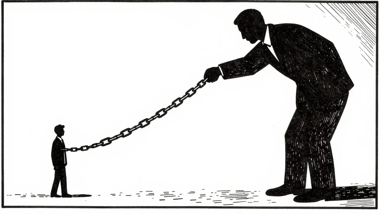 Kresba znázornující psychickou závislost klienta na terapeutovi pomocí řetězů.