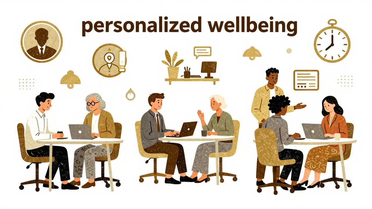 Mezigenerační spolupráce a personalizovaný wellbeing v stylu dřevorytného komiksu.