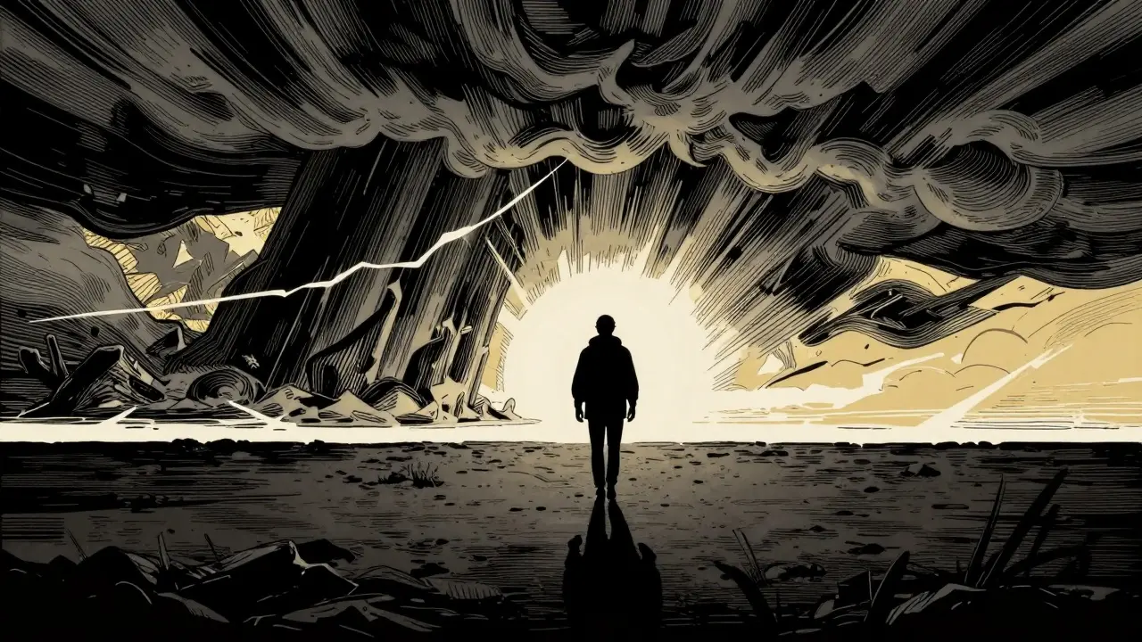 Osoba odcházející od bouře směrem k klidnému horizontu a novému začátku.