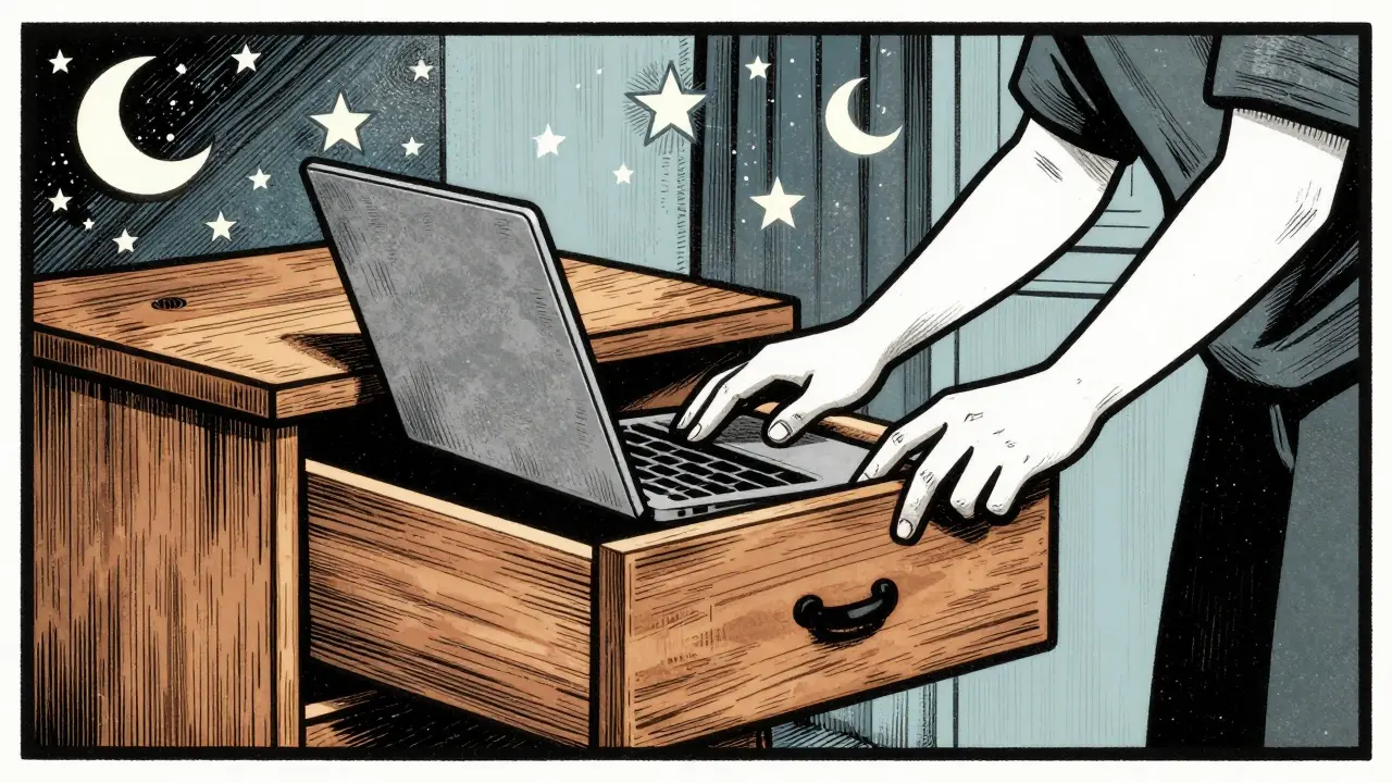 Osoba ukládající notebook do zásuvky jako rituál ukončení práce v stylu dřevorytu.