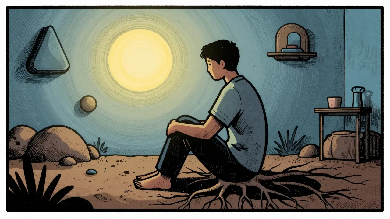 Osoba v bezpečí během terapie s prvky uzemnění v stylu dřerýzu.