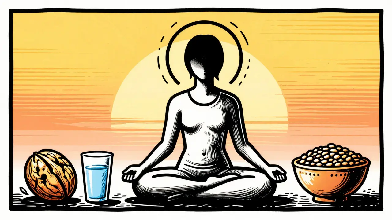 Osoba v klidu obklopená zdravými potravinami jako vlašskými ořechy a celozrny.