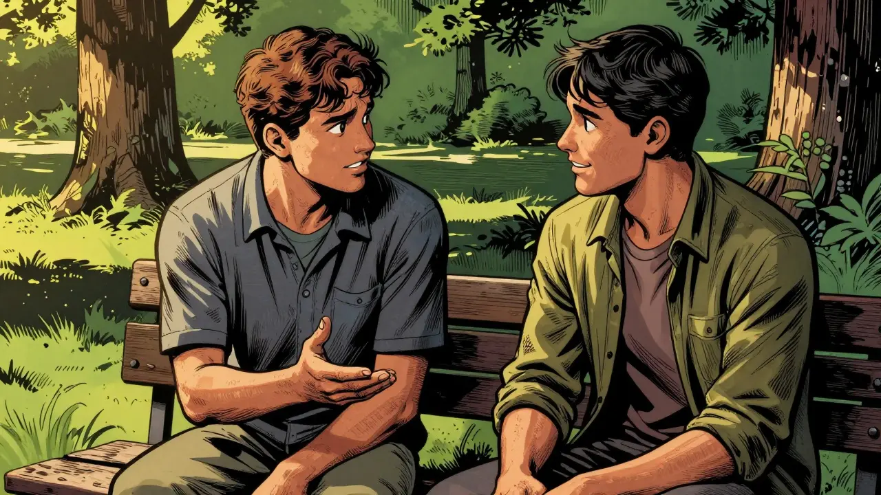 Peer pracovník a klient sedící na lavičce v parku v hovoru.