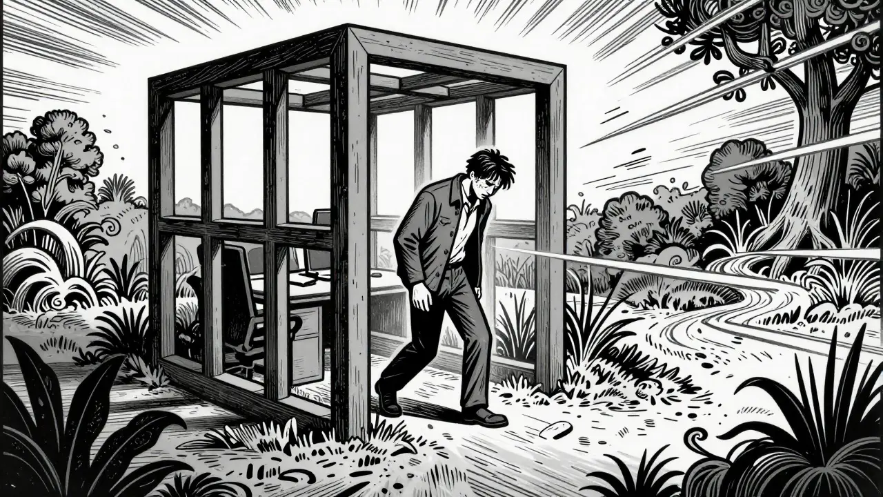 Postava opuštějící štíhlou klec kanceláře do organické zahrady v stylu komiksu.