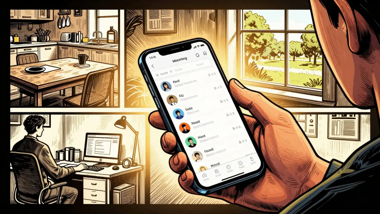 Ruka s chytrým telefonem v prostředí běžného dne, symbolizující plnění terapeutických úkolů.