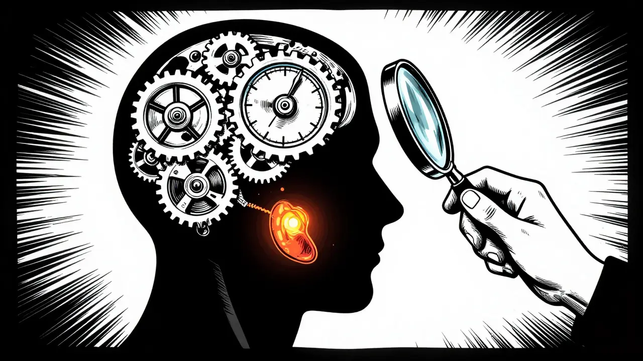 Silueta člověka s mechanismem v hlavě a přehlédnutým fyzickým onemocněním.
