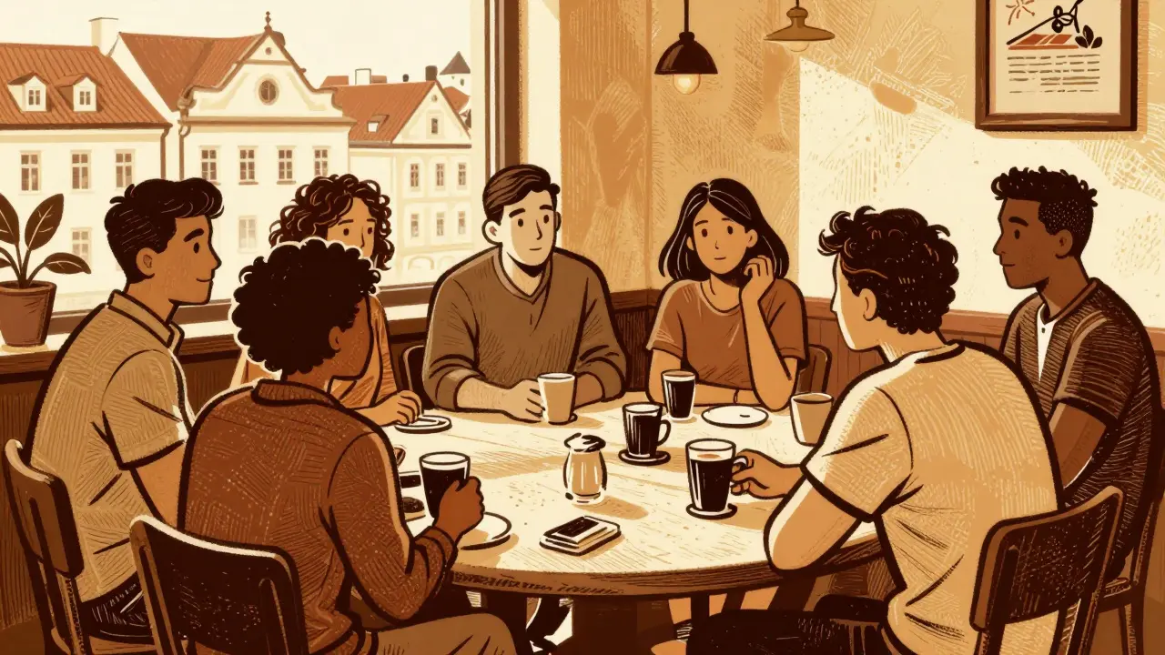 Skupina přátel v útulné kavárně při podpoře jeden druhého.